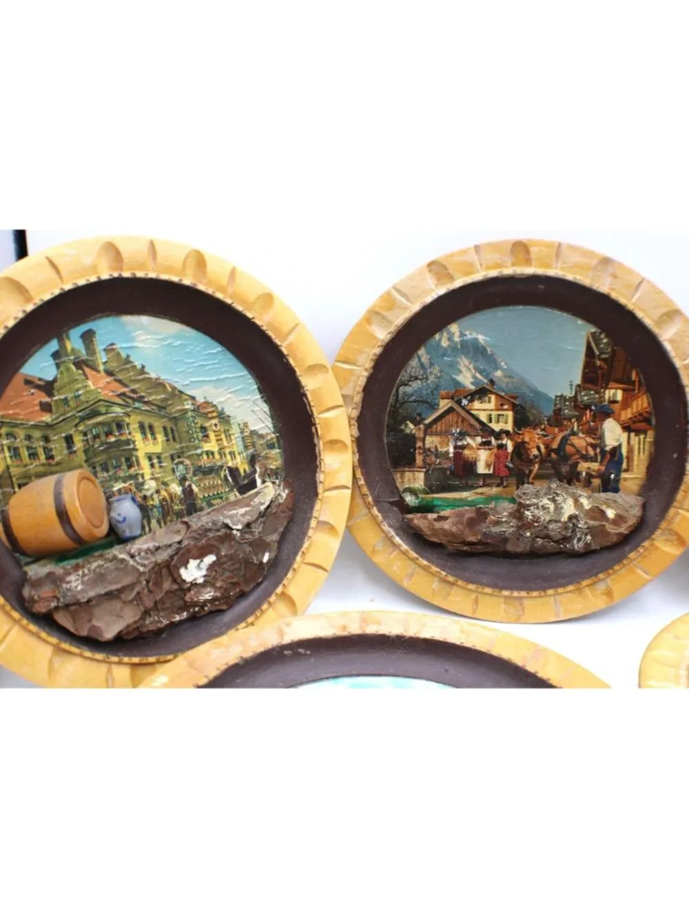 Vtg German Handarbeit 3D Wooden Wall Plates Art Set 6 Alpine Folk Art  Diorama